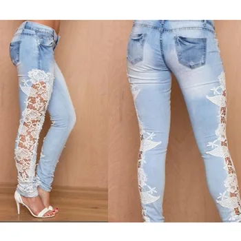 

Bigsweety Women Jeans Stretch Lace Floral Side Spliced Denim Trousers Hollow Out Slim Pencil Pants Women Jeans Femme Pantalo