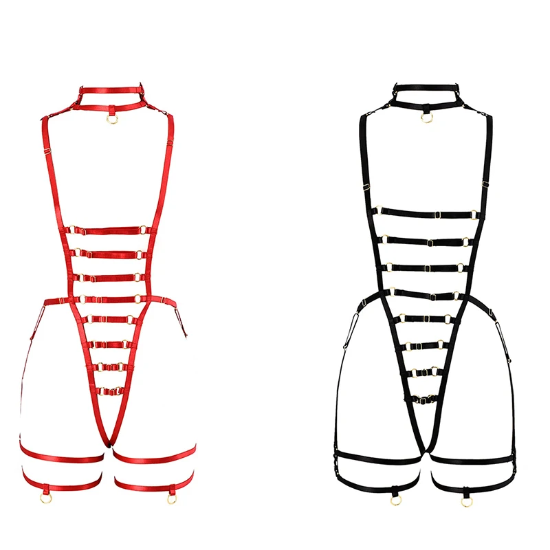 Red sexy hollow cage bra sling adjustment tight-fitting belt bridal leg garter belt Gothic tight-fitting cage bondage suspender