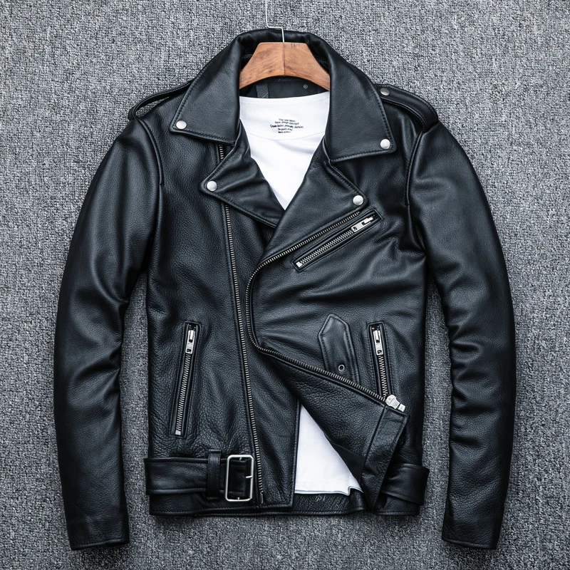 Chaqueta de cuero genuino con cuello vuelto para hombre, abrigo de piel de vaca auténtica, traje con charreteras punk para motocicleta