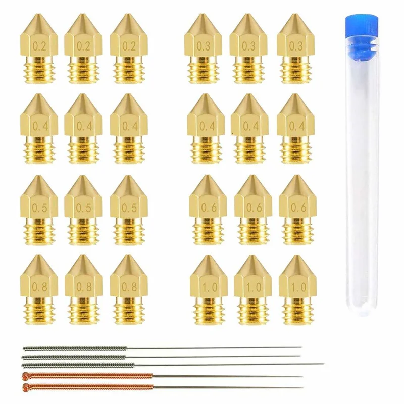 24pcs/lot MK8 Nozzles Set Cleaning Needle M6 Brass Extruder 0.2 0.3 0.4mm 0.5 0.6 0.8 1.0mm Hotend Nozzles Fit 1.75mm 3D Printer