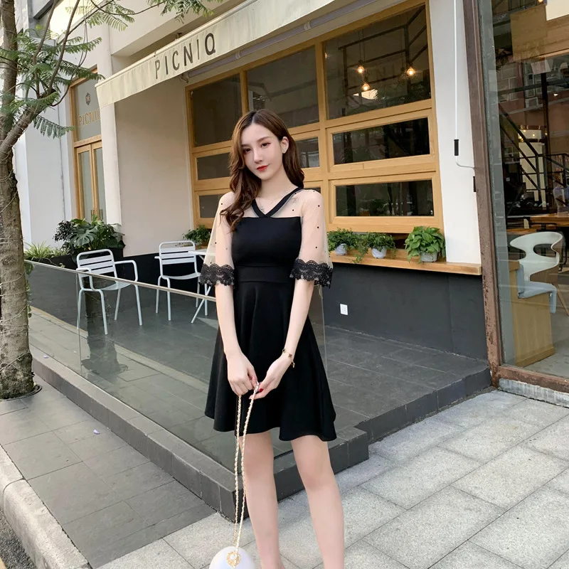 

2019 New Style Summer Gauze Joint Black Dress Two-sided Wearable Crew Neck And V-neck Hot Selling Dress