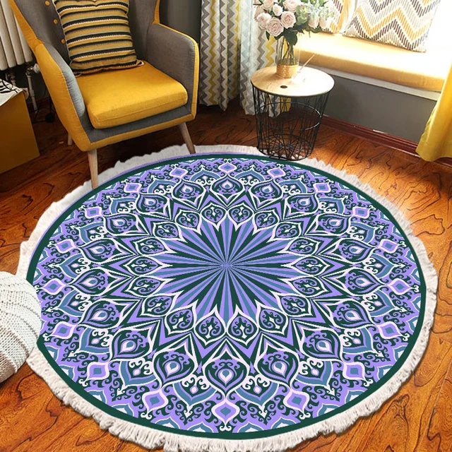​Home Decor Retro Bohemian Round Carpet Hand Woven Cotton Linen Carpet Rug Bedside Rug Geometric Floor Mat Living Room Carpet G