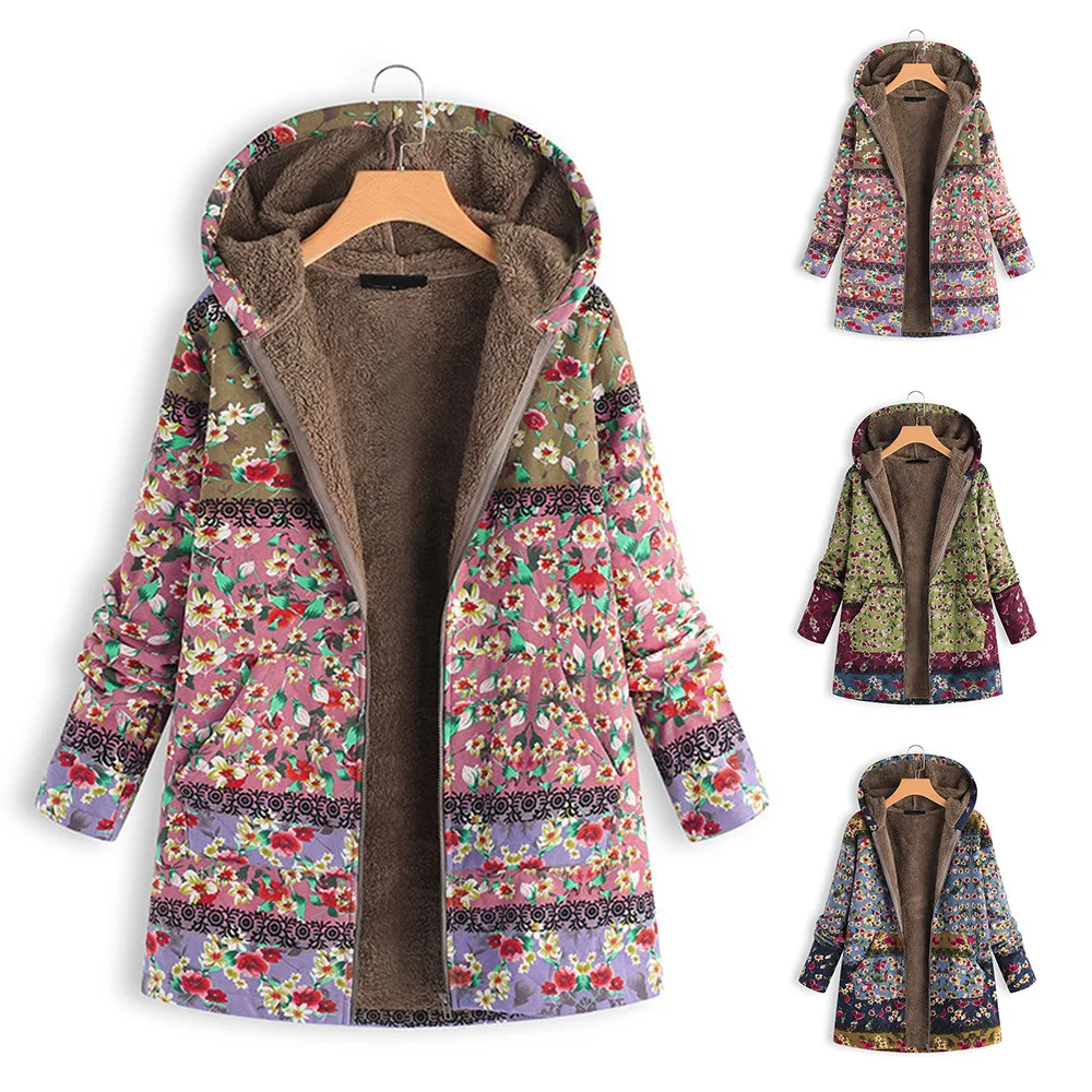 

Women Winter Floral Printed Coat Vintage Harajuku Loose Plus Size Casaul Jacket Female Velvet Thick Warm Hooded Coat Outwear