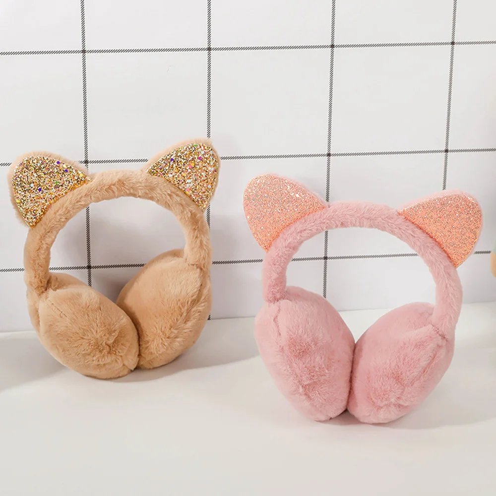 Kids Earmuffs Cat Ear Plush Sequin Earflaps Headband Vintage Ear-cap For Boys Girls Unisex