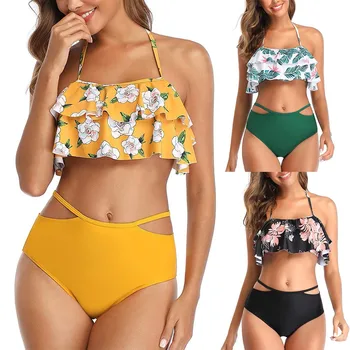 

Ladies Femme Bikinis Women's Floral Print Ruffle High Waisted Halter Bikini Set Two Piece Swimsuit Biquini Maillot De Bain
