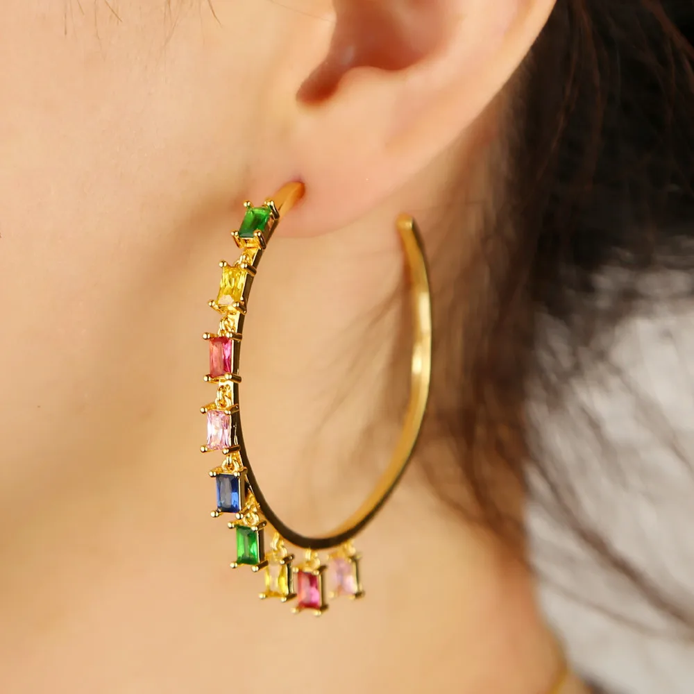 

48MM Gold gold big earring hoops setting rainbow colorful green CZ square huggie for women Gorgeous fashion women earring 2019