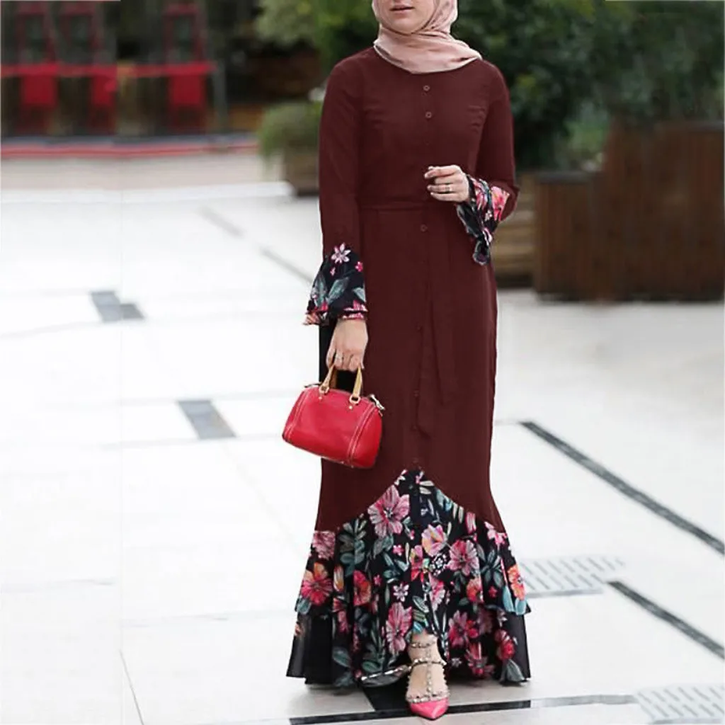 

Muslim Robe Women Floral Long Cocktail Muslim Long Dress Evening Party Islamic Abaya Robes Middle East Islamic Eid Ramadan Vestd