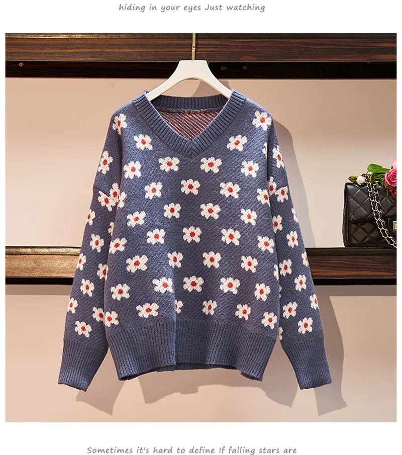 2020 Winter Clothes Women Floral Knit Pullover Korean Knit Sweaters V-neck Warm Outwear Coat Female Tops Loose Knitwear Suete