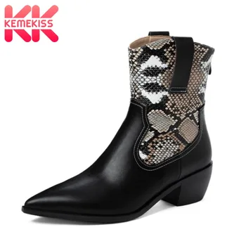 

KemeKiss Women Western Boots Pointed Toe Thick Heel Mixed Color Slip On Shoes Winter Fashion Winter Footwear Plus Size 32-46