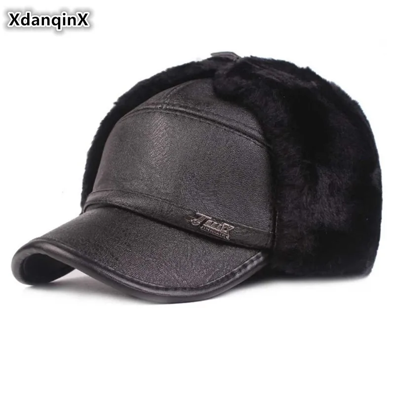 XdanqinX, зимняя мужская теплая Бейсболка, новинка, PU искусственная кожа, шапка, толстый бархат, шапка с наушниками, для среднего возраста, для папы, брендовая Кепка, s, лыжная Кепка