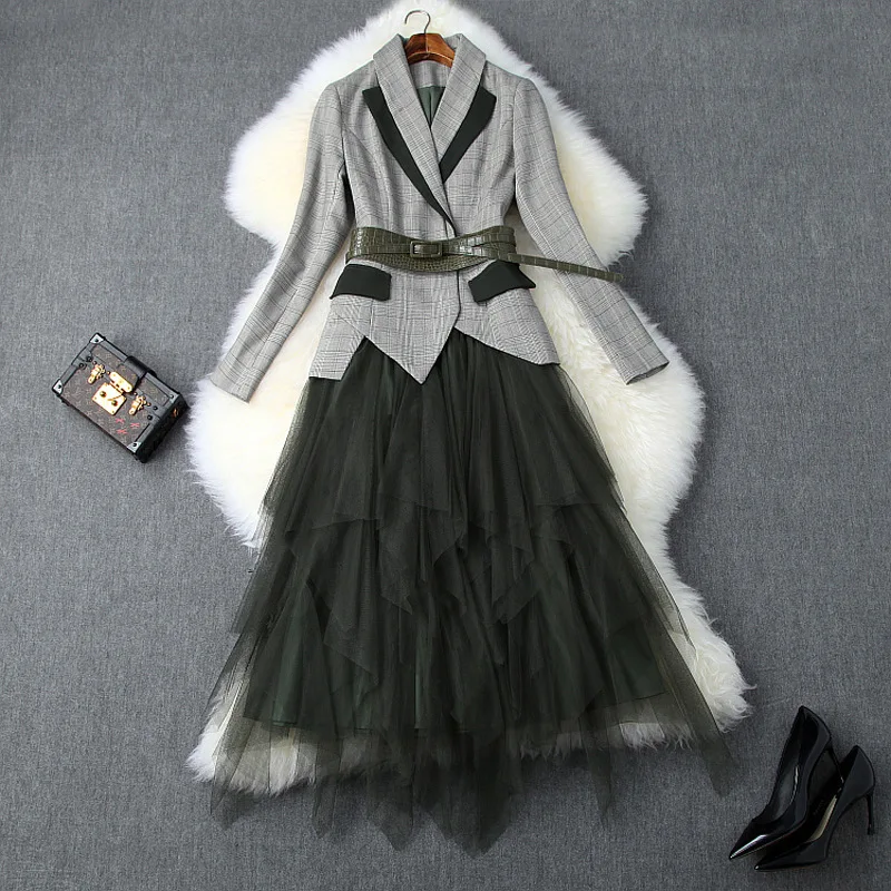 

Skirt Suits Ladies Autumn Winter 2019 New Plaid Patchwork Notched Collar Long Sleeved Slim Jacket + Mesh Irregular Skirt Set