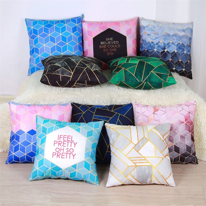 1pcs Gold pink marbled geometric pillow sofa cushion marble English letter velvet | Дом и сад