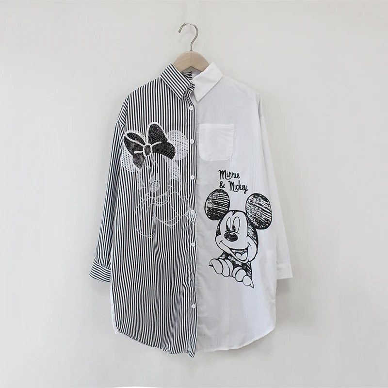 

Women Shirt Fashion Striped Stirching Shirts Long Sleeve Casual Loose Street Female Plus Size Midi Shirt Rollable Sleeves