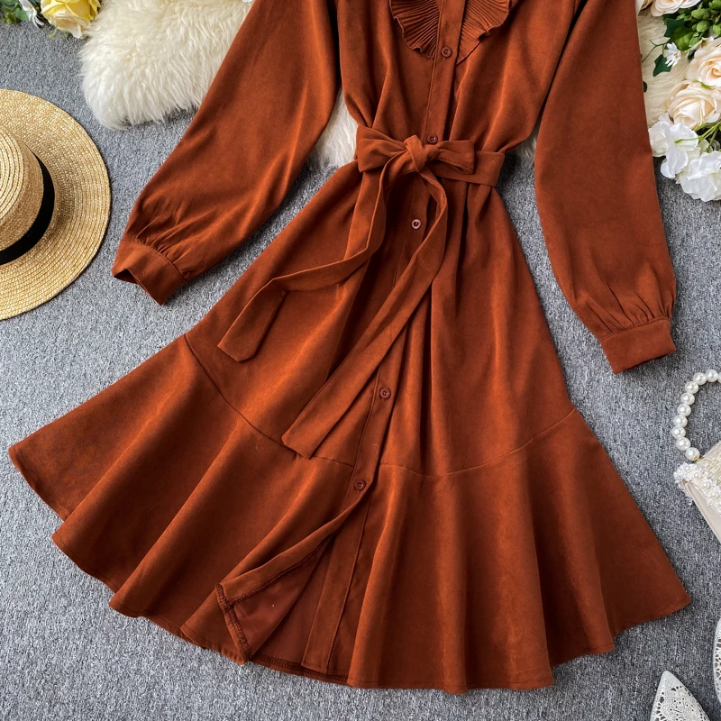 YuooMuoo, женское винтажное платье-рубашка с поясом, Осеннее элегантное женское длинное Бандажное платье-блузка, модное плиссированное платье с оборками, Vestidos