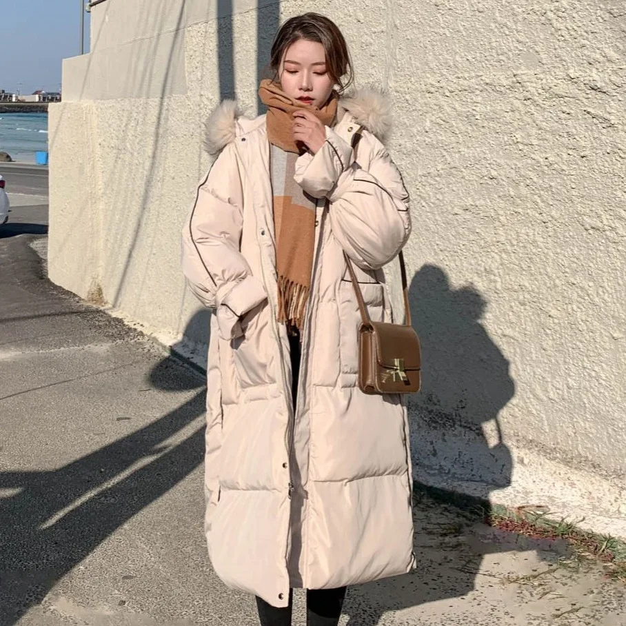 

Photo Shoot Main Push INS Elegant Contrast Color Binding down Coat Long Hooded Model Large Fur Collar Cotton Overcoat Women's OL