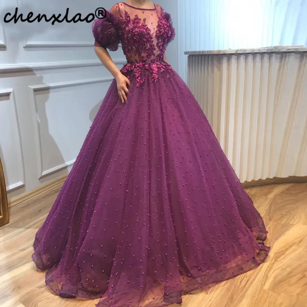 Puffy Dark Purple Pearls Prom Dresses 3D Flower Puffy Ball Gowns Elegant Half Sleeves Vintage Prom Gowns 2018 Abendkleider