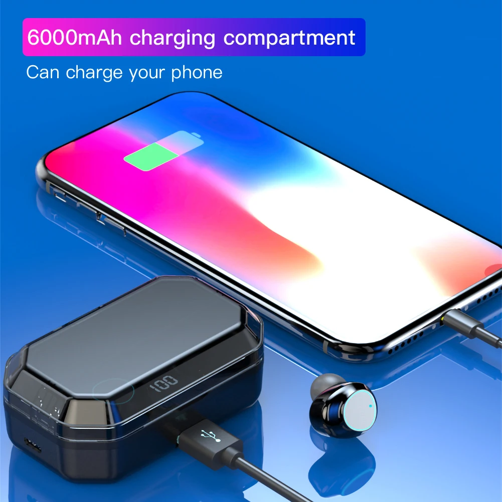 TWS Earphones 6D Stereo Bluetooth 5.0 Wireless Earphones IPX6 Waterproof 7000mAh LED Smart Power Bank Phone Holder