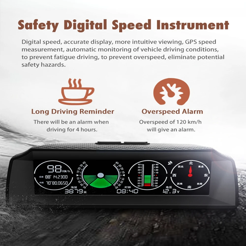 New Go-2 Gps Car Head Up Display Speed Slope Meter Inclinometer Compass Automotive Hud Pitch Tilt Angle Protractor Clock Latitud