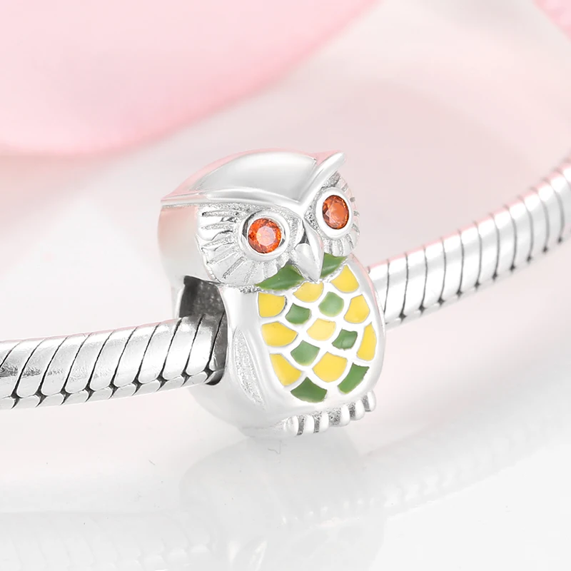 Authentic 925 Sterling Silver Yellow owl enamel Charms Beads Fit Original Pandora Charm Bracelet Jewelry making