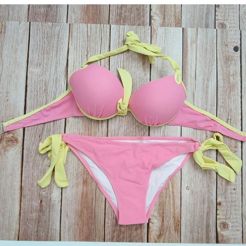 Новинка, 4 однотонных цвета, высокое качество, женский сексуальный комплект бикини, пляжный купальный костюм из двух предметов, летний костюм с пуш-ап бюстгальтером