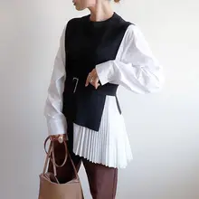 *#Best Price Patchwork Women Blouse 2019 Chic Korean Style Fashion Fake Two Piece Pleated Shirts Casual Black White Elegant Office Lady Tops *#Best Price Patchwork Women Blouse 2019 Chic Korean Style Fashion Fake Two Piece Pleated Shirts Casual Black White Elegant Office Lady Tops