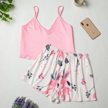

2020 Tropical Print Pajama Set Women Summer Casual Sleeveless Sleepwear Cute Fresh Girls Nightwear Leisure Wear Pyjamas women