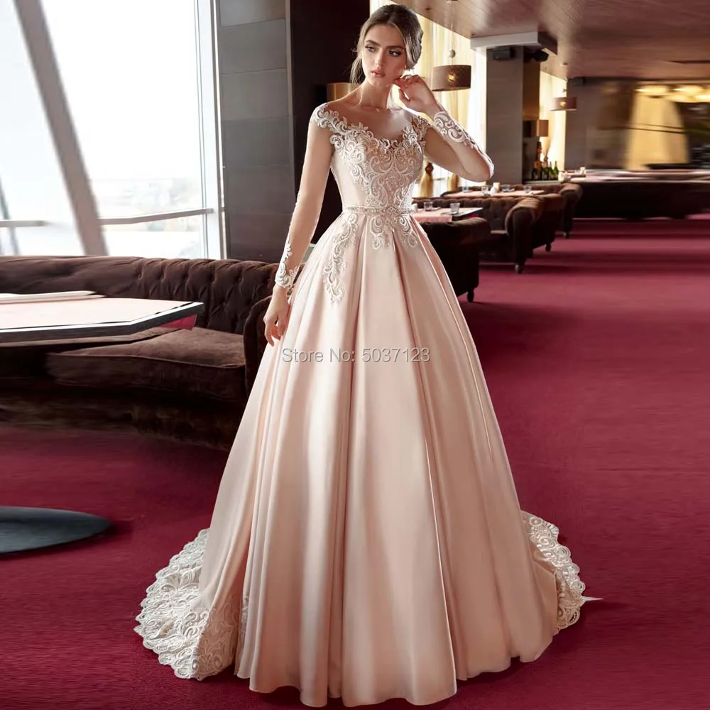 Атласные свадебные платья цвета шампанского с длинными рукавами Vestido De Noiva