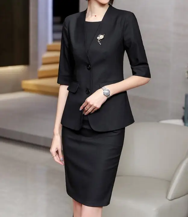 Платье костюмы Офисная Женская одежда для работы деловой комплект из 2 предметов плюс размер элегантный осенне-весенний Блейзер платье женская форма - Цвет: Черный