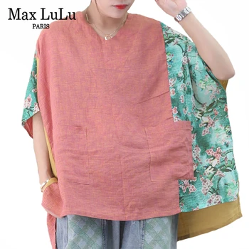 

Max LuLu New 2020 Summer Fashion Ladies Vintage Patchwork Shirts Womens Loose Linen Blouses Female Floral Printed Tops Plus Size