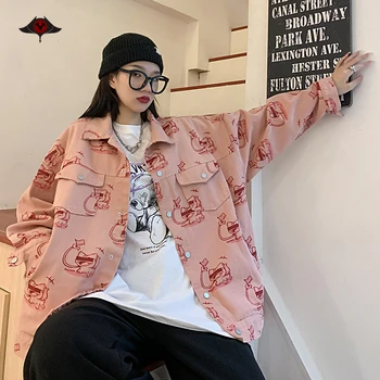 

Harajuku Pink Print Cartoon Coat Korean Hip Hop Oversize Tops Long Sleeve Jean Jacket Women
