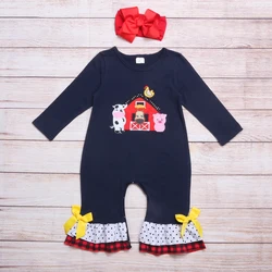Barboteuse à manches longues pour filles, vêtements d'automne, bleu marine, nœud jaune, ferme, vache, cochon et poule, motif brodé, pour bébés 