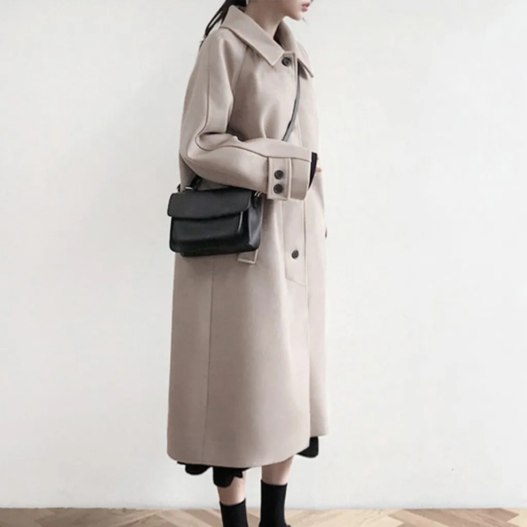 Women Winter Clothes Coat Work Solid Vintage Winter Office Long Sleeve Button Woolen Black Elegant Female Casual Coat Jacket
