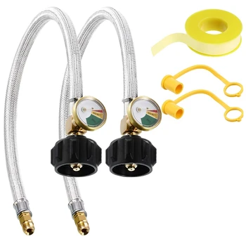 

2 Packs 1/4Inch Inverted RV Propane Hose Connector with Gauge Stainless Steel Braided RV Pigtail Hose with Dust Covers