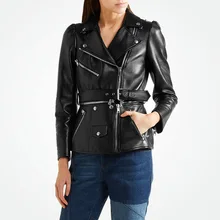Мода, Женская байкерская куртка из искусственной кожи, воротник с лацканами, длинный рукав, молния, с поясом, тонкие женские куртки