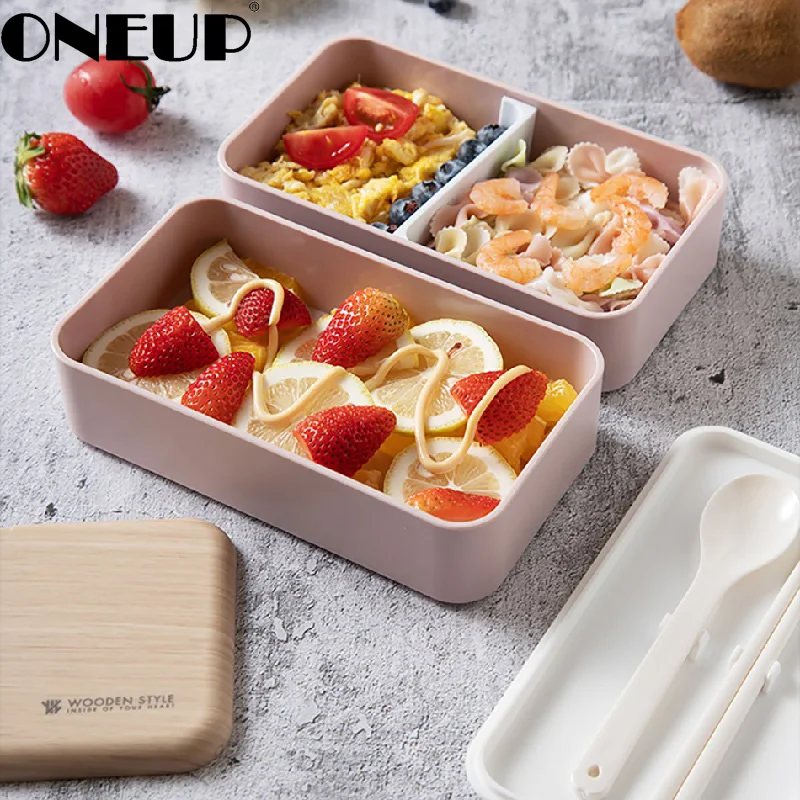 

ONEUP Portable Double Lunch Box Wooden Microwave Lunch Box New BPA Japanese Lunch Box Large Capacity 1200ml Student Bento Box