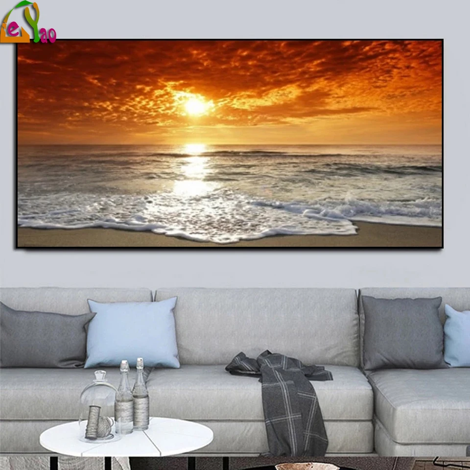 5D Diamond Embroidery Modern Large Size Landscape Poster  Diy Diamond Painting Sunset Beach Picture For Living Room Home Decor