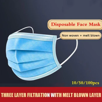 

10/50/100 Pcs Non-woven Disposable Face Mask 3-layer Ply Filter Hanging Breathable Ear Filter Mask Mouth