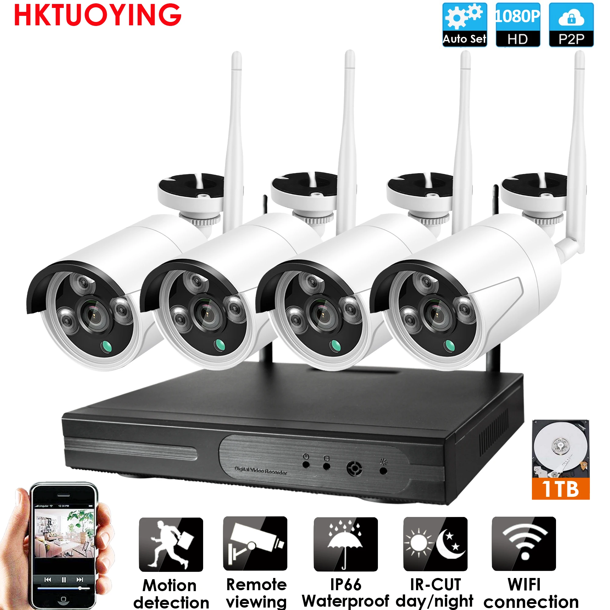 4CH 1080P HD Беспроводной NVR Kit P2P 1080P внутренний наружный IR Ночное Видение безопасности 2.0MP IP Камера WI-FI CCTV Системы