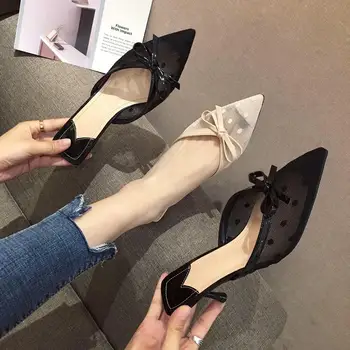 

Elegant Women High Heels Slippers Pointed Toe Air Mesh Sexy Thin High Heels Slip On Pumps Ladies Lace Deign Bow Sandals Slides