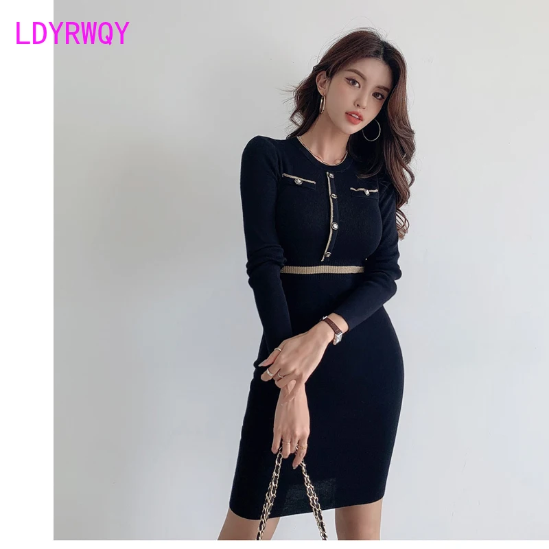 

2020 autumn and winter temperament slim slimming buttocks knitted dress knitting Cotton Office Lady Sheath