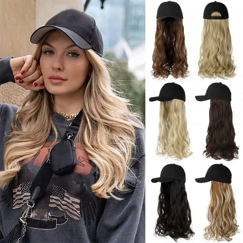 SHANGZI-Peluca de béisbol sintética para niña, gorro largo ondulado de color negro Natural, peluca de sombrero sintética con conexión Natural ajustable