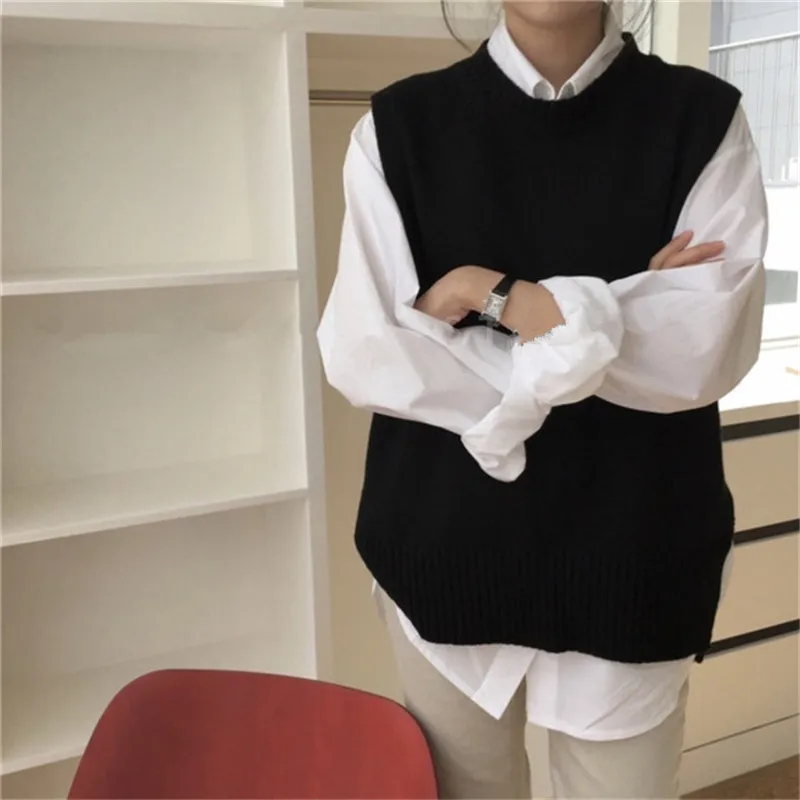 

Warm Camel Brown Side Slit Sleeveless Vest Wool Knitted Vest