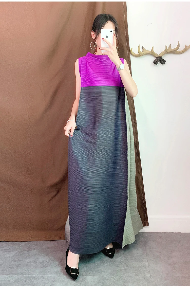 Япония Стиль Miyake плиссированное платье Высокое качество, без рукавов, длинное Длина свободные Стиль Для женщин платья Плюс Размеры 50 кг to120kg