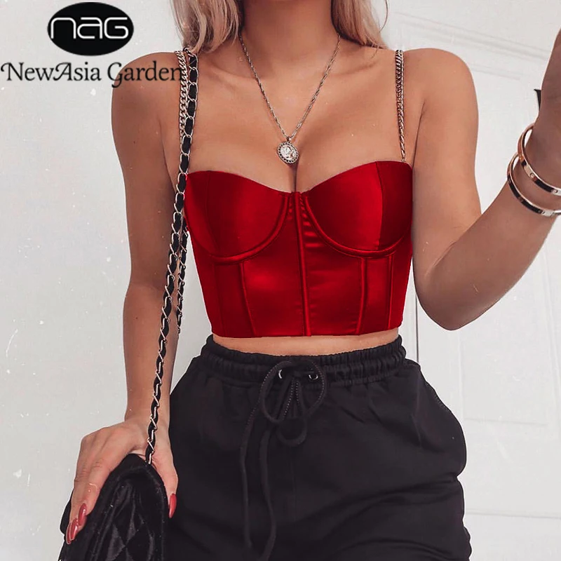 Comprare NewAsia Estate Crop Top Sexy Delle Donne Più Bustier Top Blackless Tracolla A Catena Imbottito Ritagliata casual Raso Nero Crop Magliette e camicette Vestiti 2019
