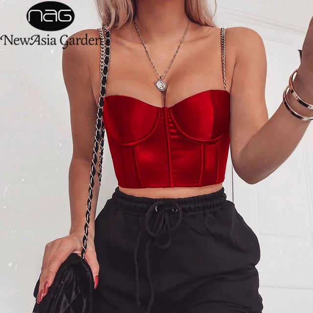 US $10.76 NewAsia Summer Crop Top Women Sexy Bustier Top Blackless Chain Strap Padded Cropped Casual Satin Bl