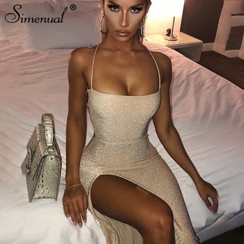 

Simenual Glitter Backless Bandage Women Maxi Dress Sleeveless Party Summer Clubwear Sexy Hot Side Slit Skinny Bodycon Dresses