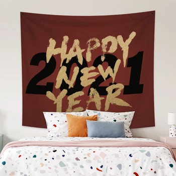 

Laeacco Fashion Tapestry Happy New Year Red Background Black Numbers Golden Letter Printing Wall Hangings Home Living Room Decor
