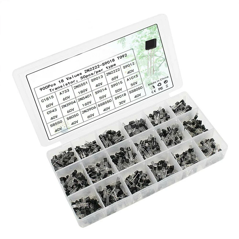 18Values 900Pcs TO 92 Transistor Assortment Kit A1015 2N2222 C1815 S8050 2N3904 2N3906 S9012 NPN PNP Transistors Set