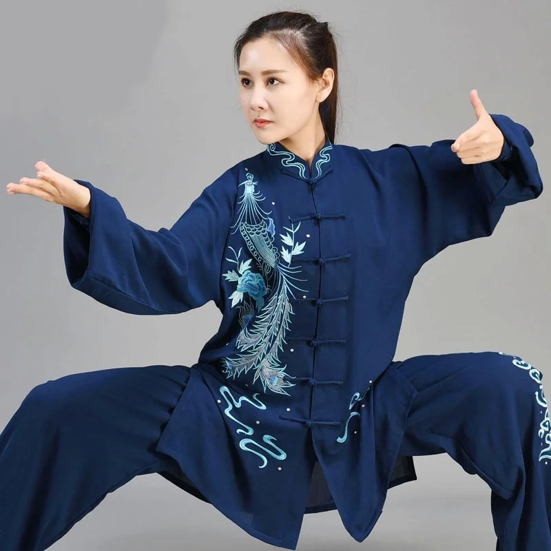 Women And Men Tai Chi Suit Embroidery Dragon Phoenix Kung Fu Uniform Long Sleeve Wushu Clothes Loose Two Piece Suit Shirt&Pants