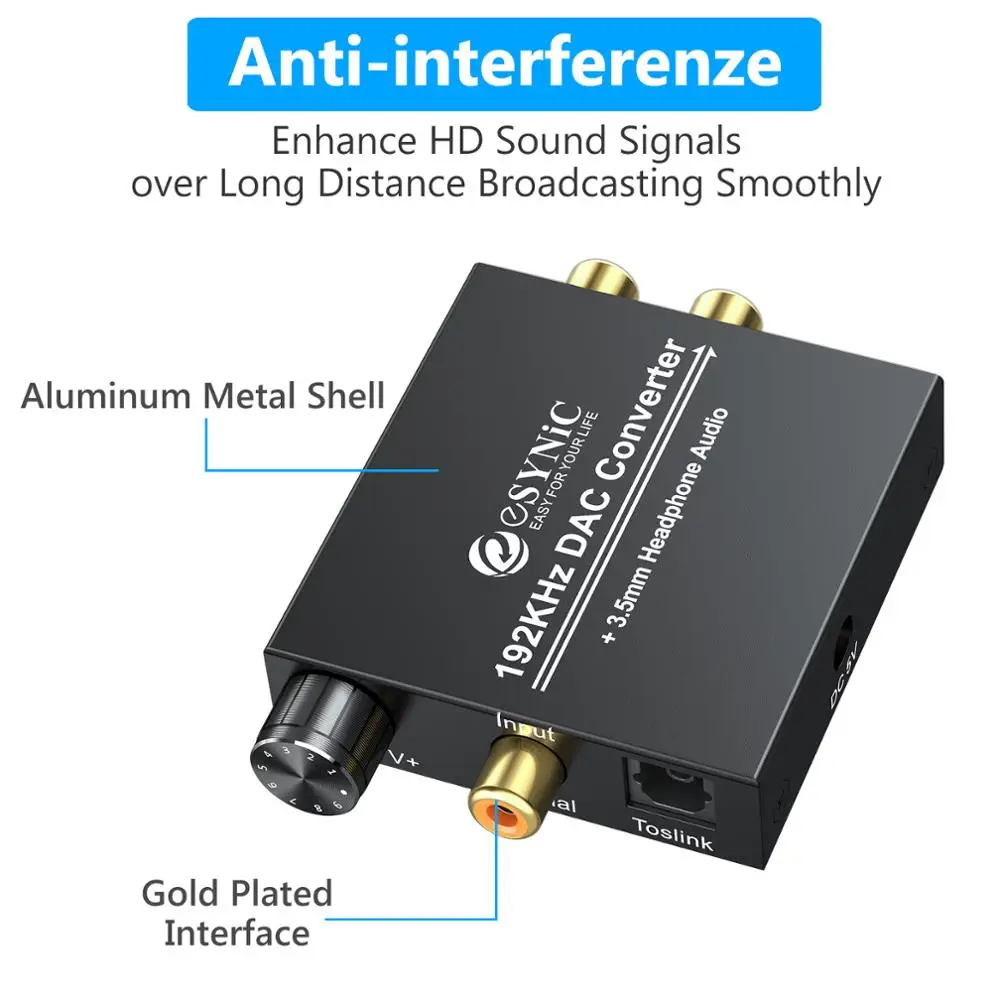 eSYNiC DAC Converter Coaxial Toslink to RCA Analog Audio 3 5mm Headphone Jack 192kHz Digital to Analog Converter Support PCM